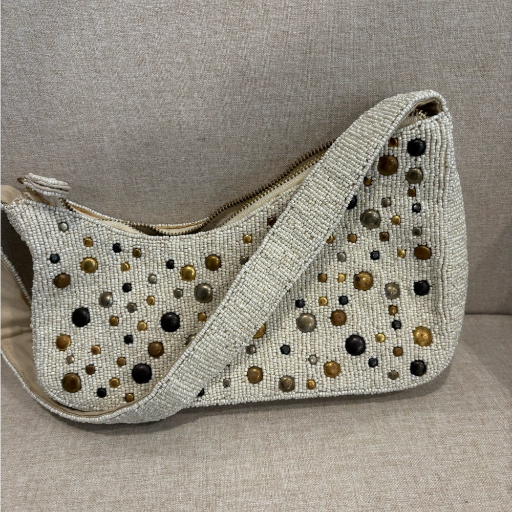 Asymmetric Beaded Shoulder Bag Gold and Black Accents - Picture 5 of 11